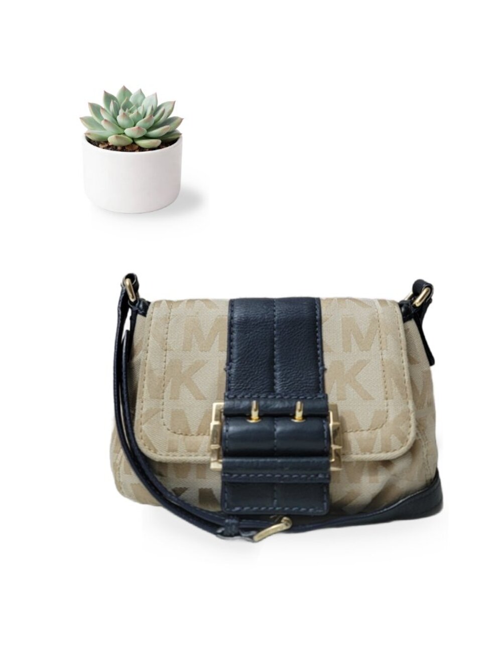 Michael Kors Signature Bags Flap Crossbody Beige Navy Jacquard Buckle Purse